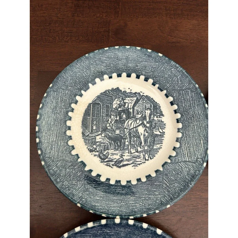 Vintage Currier Ives Mount Clemens Blue Transfer 7” Salad Dessert Plates Set 4